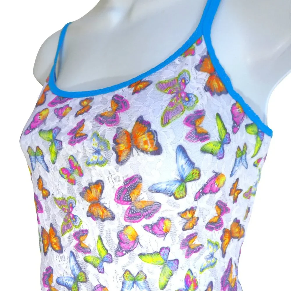 Vintage USA 90s Y2K Hanky Panky Nylon Lace Cami Top Butterflies Adj Straps Sheer